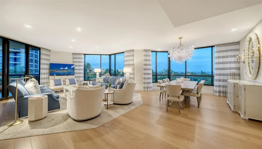 The walls of windows create breathtaking views from the beach to the Bay all day...