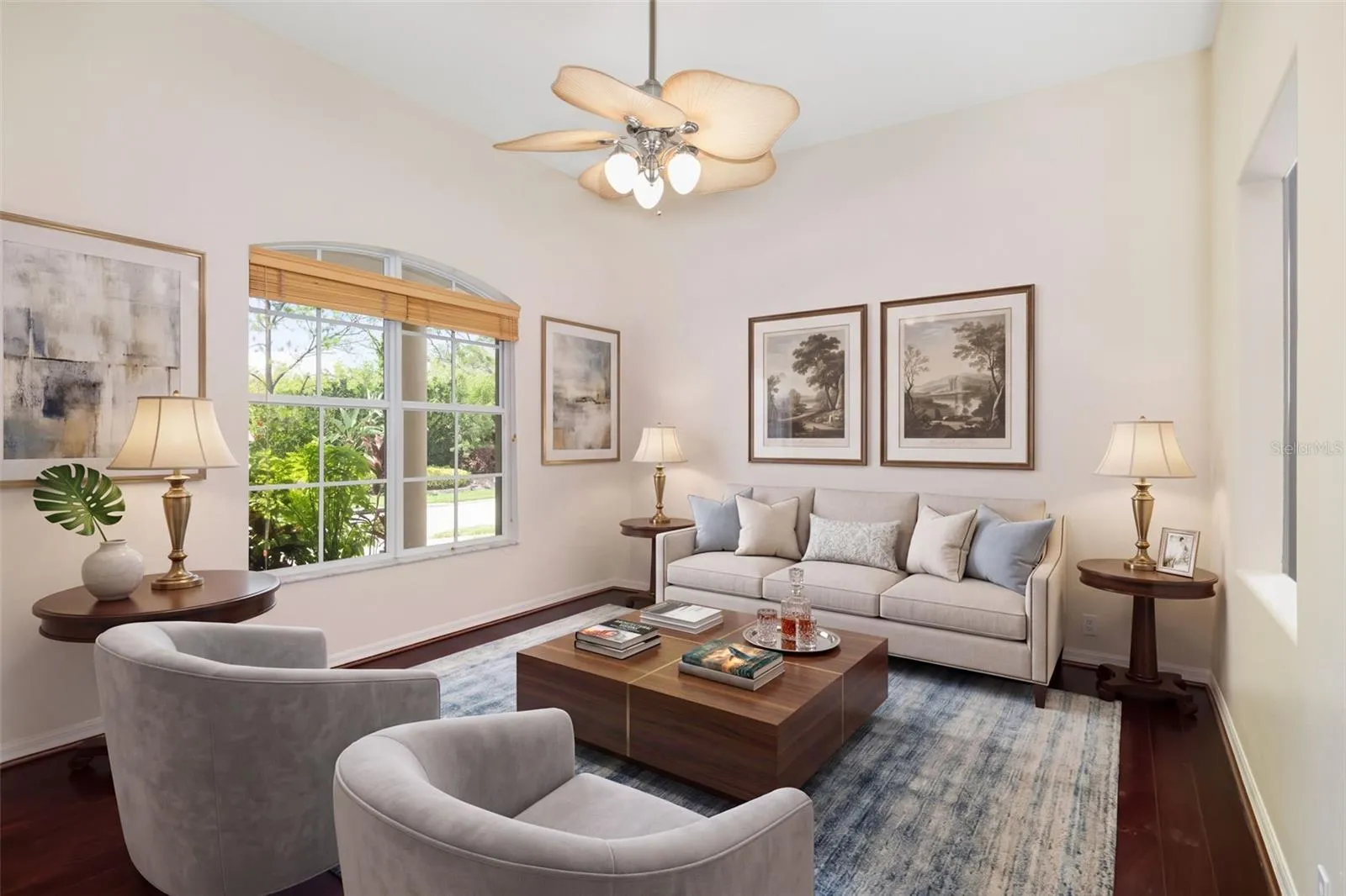 Light, bright "Florida" living room with custom design, engineered hardwood.