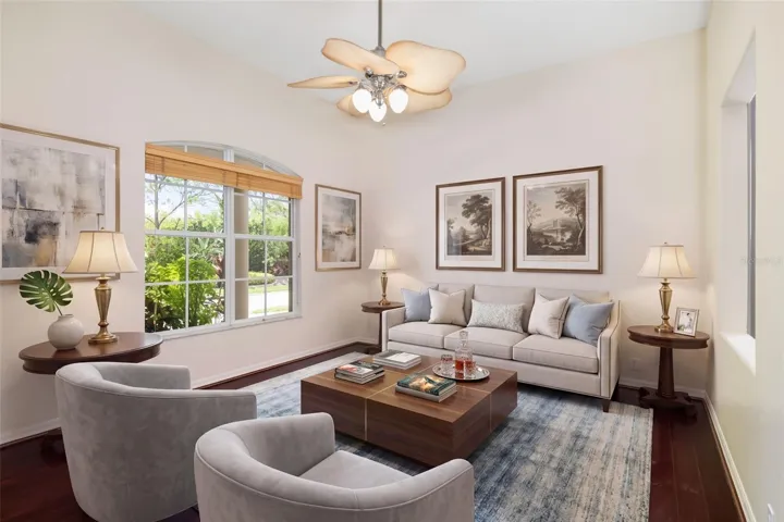 Light, bright "Florida" living room with custom design, engineered hardwood.