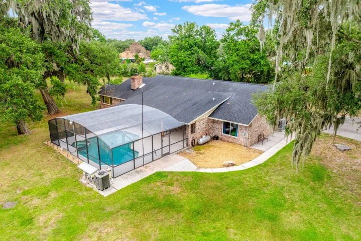 Aerial view of the pool/backyard.