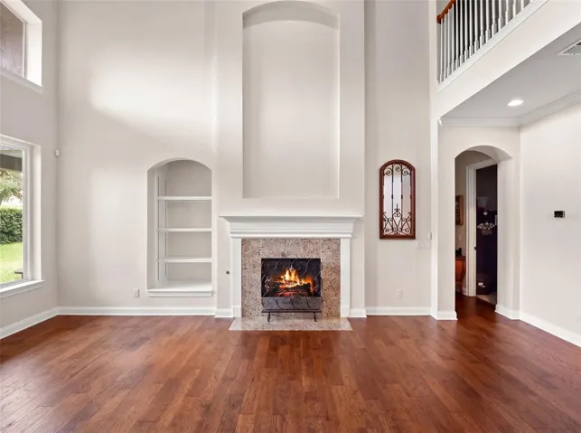 Fireplace and built-in shelves in family room