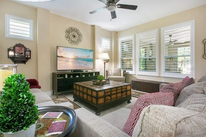 Living room facing towards the rear of the house showing the lanai and fireplace through the window.