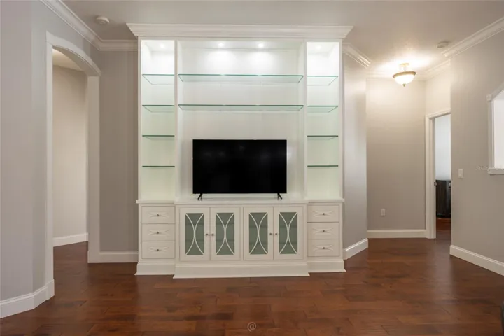 Family Room w built in TV wall & fireplace.