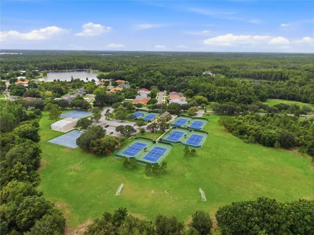 Aerial view of the Van Dyke Farms amenities around the Clubhouse. Tennis, Racquetball, Basketball, Hockey, Soccer & a Baseball Diamond.