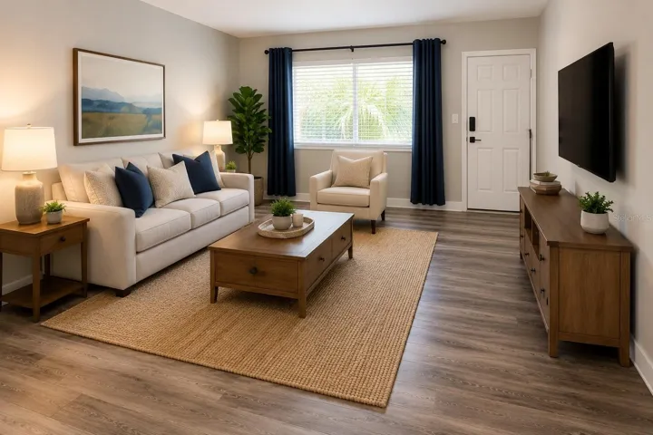 virtual staged living room door lead to pool