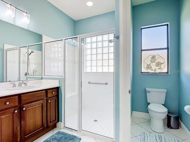 Large walk-in shower with privacy glass window