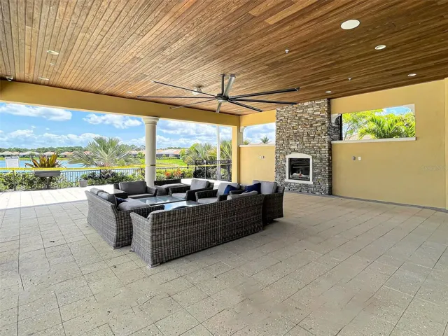 Community outdoor gathering with fireplace