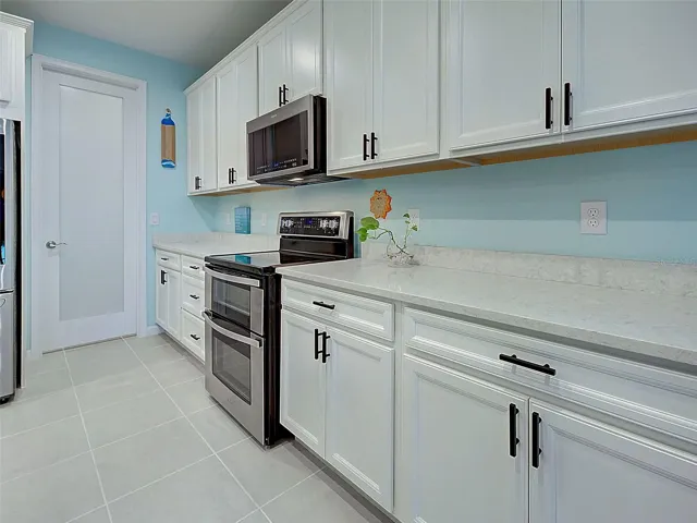 Custom glass pantry door, Double range and microwave. Load of cabinets.