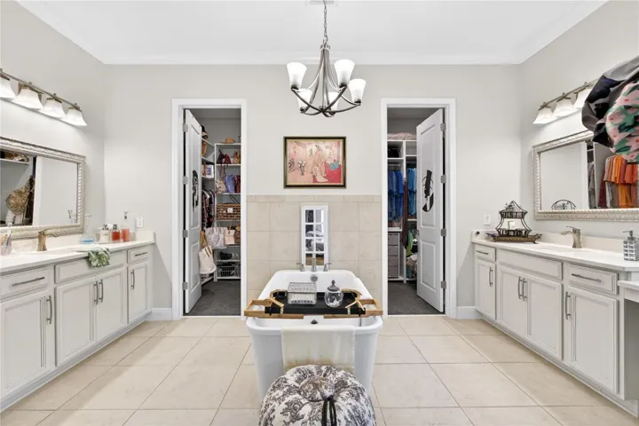 The owner's suite bathroom features a spacious walk-in closet, dual vanities situated on opposite sides, and a central bathtub.