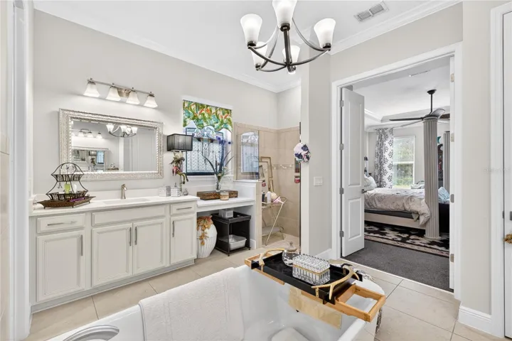 Double doors opening to owners-suite bathroom featuring central bathtub, side vanity and shower.