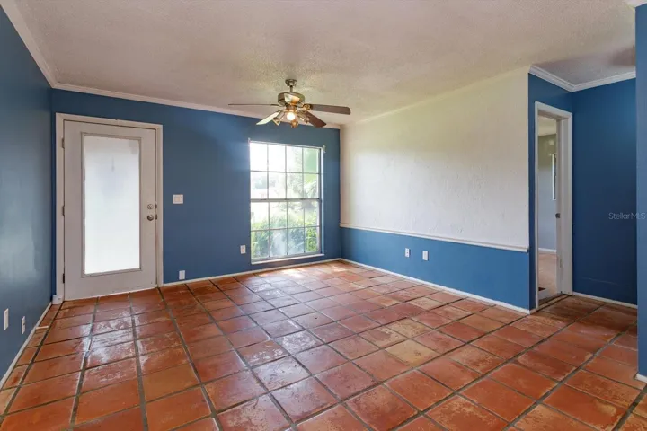 View from kitchen/dining of the front door and living space
