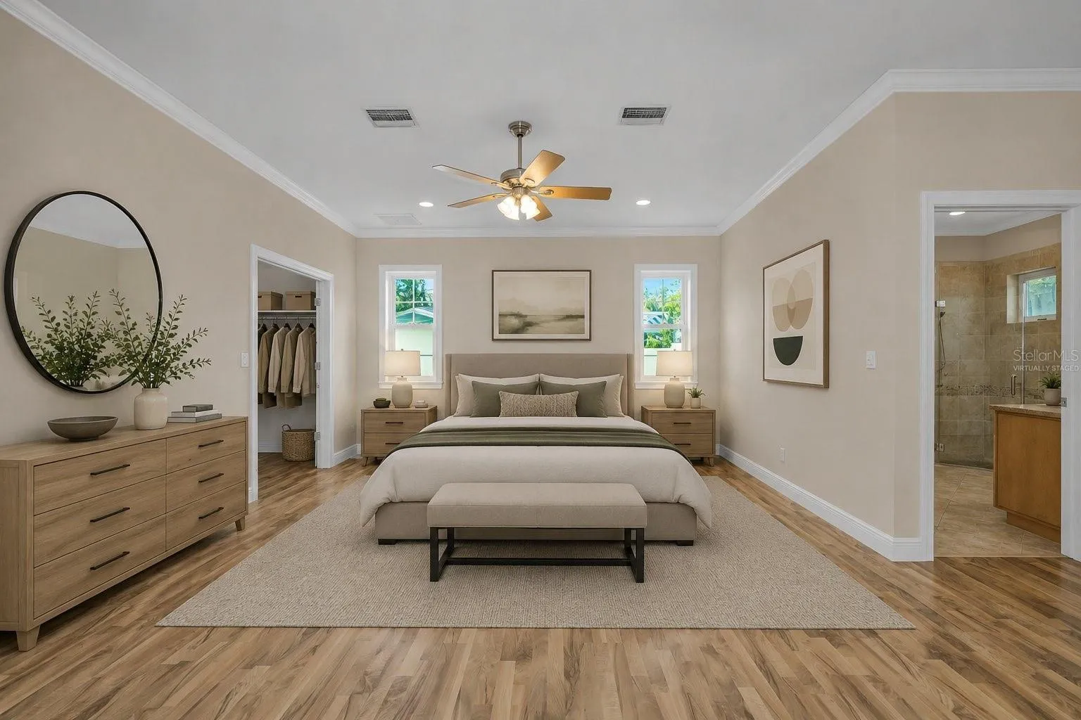 Virtually Staged, Bed Between Closet and Bath
