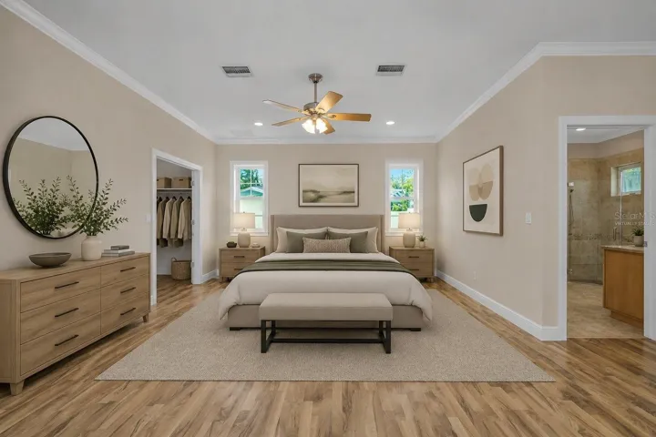 Virtually Staged, Bed Between Closet and Bath