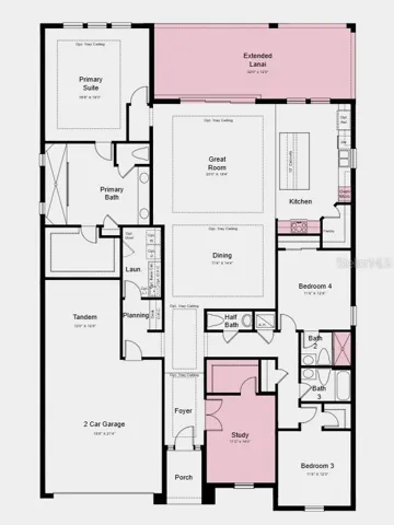 Floor Plan -  Additional Highlights Include: extended flooring into the primary suite, primary closet door for direct access to the laundry room, tray ceiling package, 8' interior doors, and pre-plumb for laundry sink and water softener