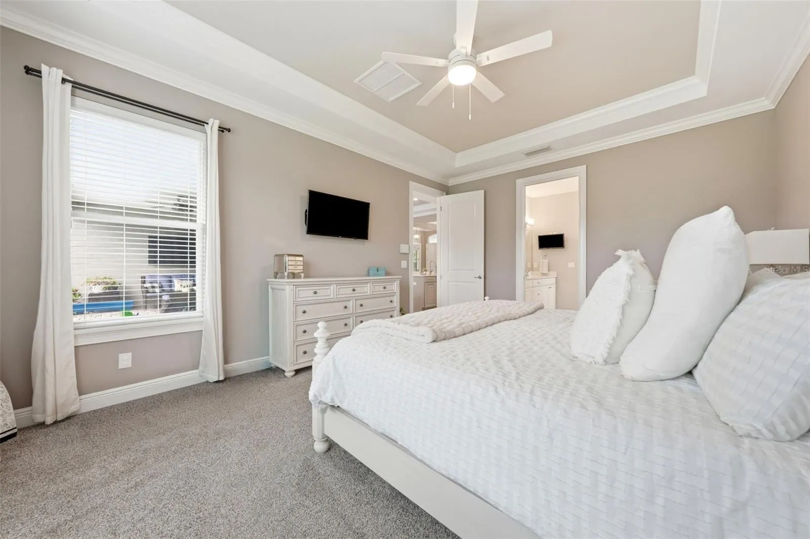 Private primary suite featuring tray ceilings and generous natural light