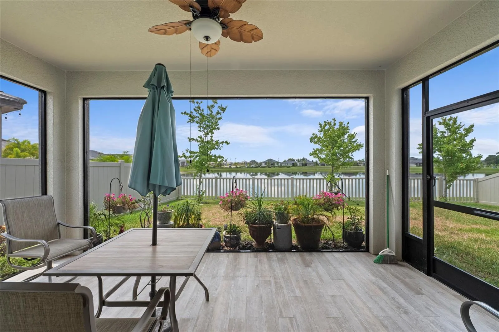 Lanai with view of the pond