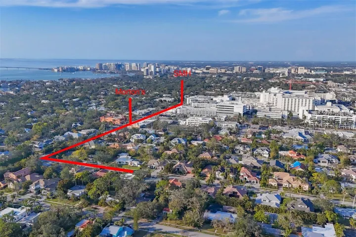 Arial map to Morton's Gourmet Market in Southside Village - 5 minute walk & Sarasota Memorial Hospital - 4 minute drive