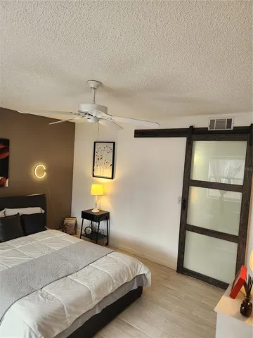 Spacious bedroom with barn door