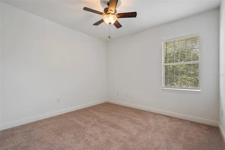 3rd bedroom opposite wall from entry door, new ceiling fan, window blinds and carpet with all new freshly painted walls