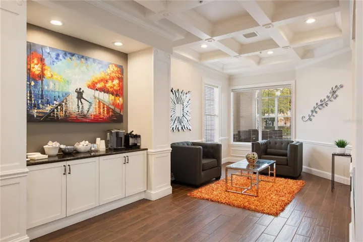 Coffee and beverage bar and seating to enjoy.