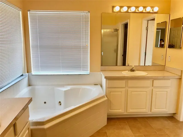Primary bath with jetted soaking tub and one of two separate vanities.