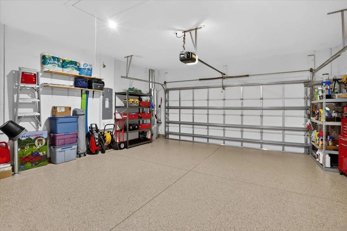 2 car garage with an epoxy finish of the floors