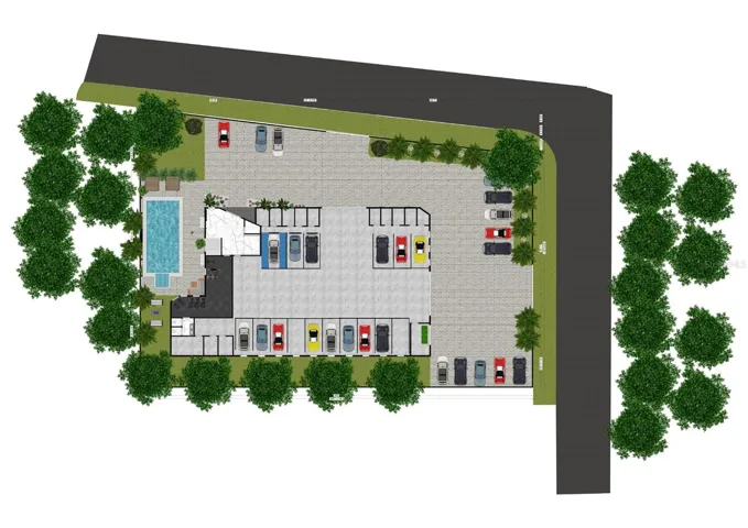 Aerial site plan rendering showing building footprint, parking and pool