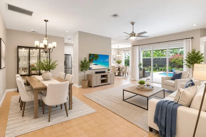 Virtually staged living room/dinette