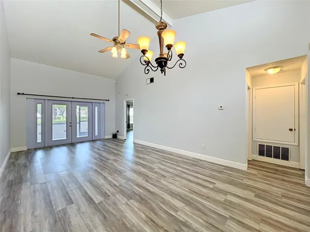 View of Living Room and French doors leading to the patio.