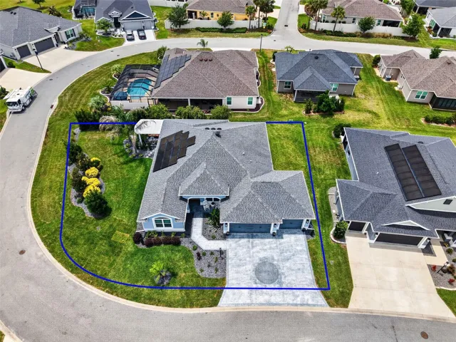 Aerial Front Elevation with Property Lines and Large Corner Lot with ROOM FOR A POOL!