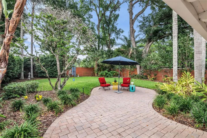 Spacious fenced backyard with paver patio