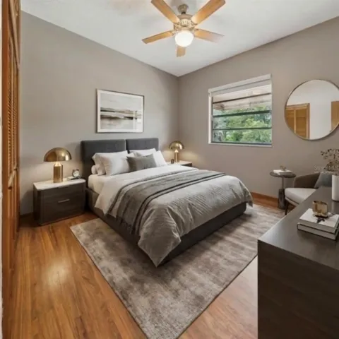 Virtually staged.  Bedroom #2 made even prettier with some modern furniture updates.