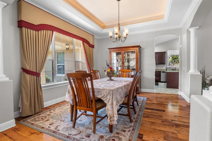 Dining room by entryway, tray ceiling, large windows, decorative columns, wood flooring, open floor plan leading to living room