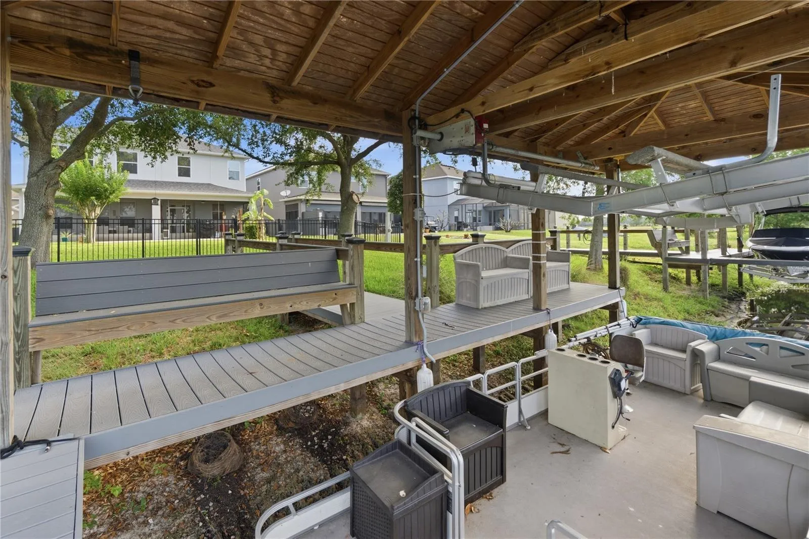 Private Boat lift with space for both a boat and a personal water craft.