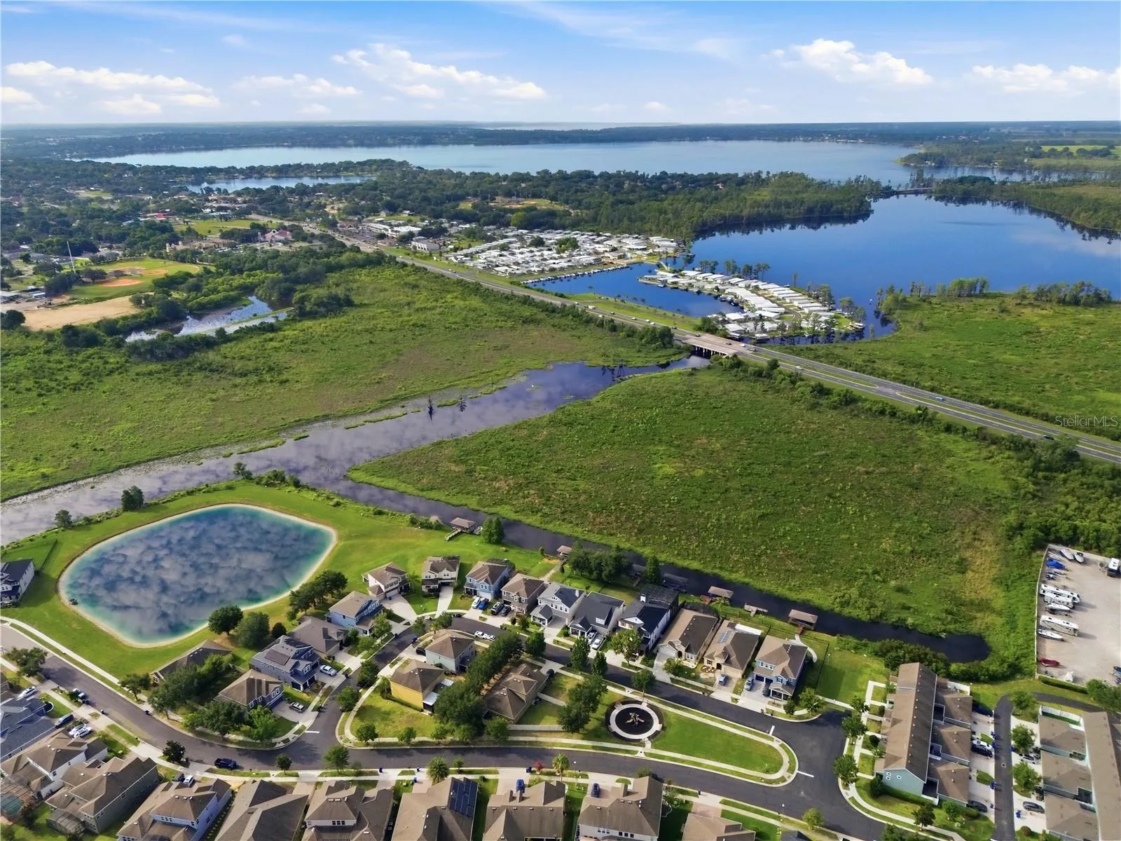 Aerial view rear canal with access to chain of lakes
