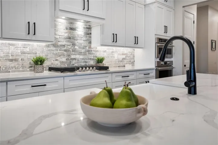 Quartz countertops, custom tile backsplash, and upgraded cabinetry showcase the attention to detail throughout this luxury home in Winter Haven.