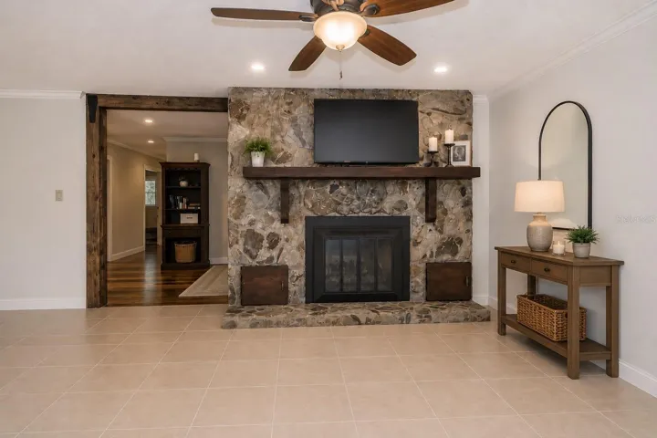 Wood-burning fireplace enhances the home's comfort and charm.