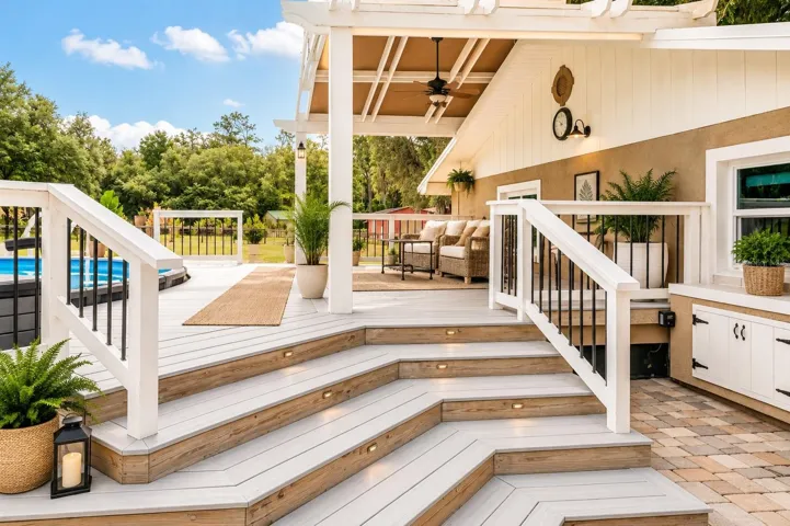 Pool area features a durable composite deck designed for year-round enjoyment.