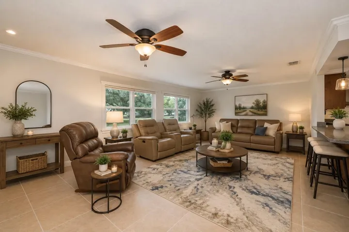Easy-care tile flooring enhances this bright and inviting living room.