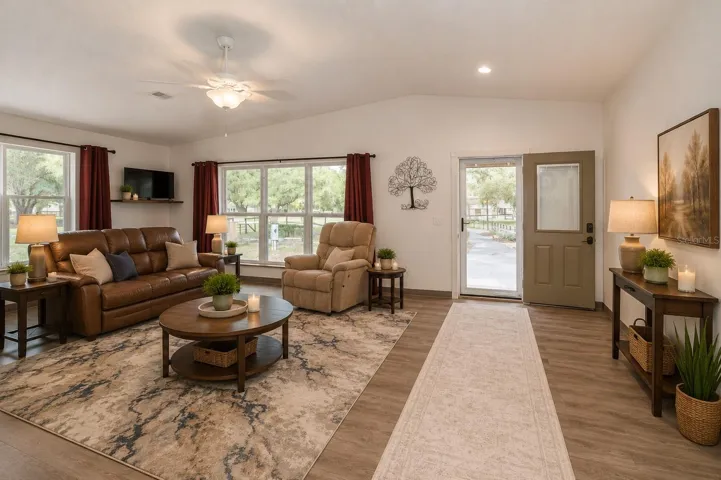 New Florida room with vaulted ceilings and expansive windows that fill the space with natural light. Convenient additional entrance provides direct access to the three-car carport.