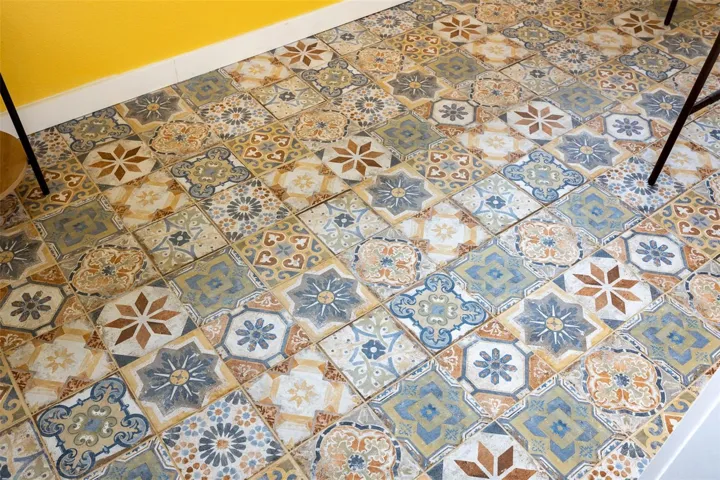 Detail view of custom tile floor in 3rd floor Balcony room.