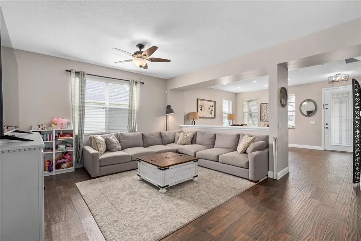 great room with wood look tile