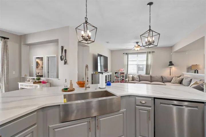 view from kitchen into great room