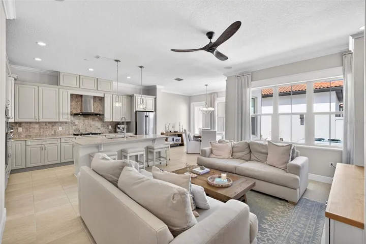 Open plan living, kitchen, and dining space