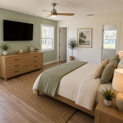 Virtually Staged. Primary bedroom with walk-in closet and full ensuite bath