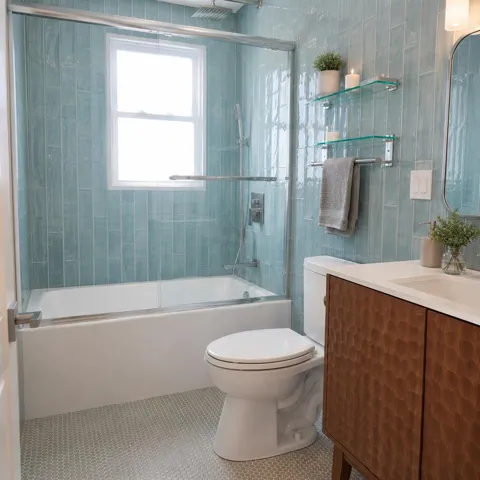 Common Bath off the hallway and designer tile from floor to ceiling