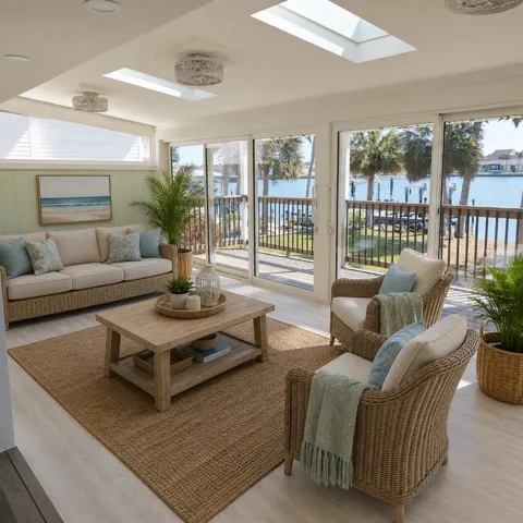 Virtually Staged. Another view of the Florida Room just to show how big this area really is to enjoy your coffee every morning watching the dolphins.