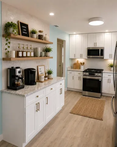Virtually Staged. Kitchen View to show the coffee bar with tile to the ceiling and shelves in perfect place for all your condiments