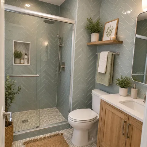 Virtually Staged. Primary bathroom with floor to ceiling herringbone tile and rainfall shower head
