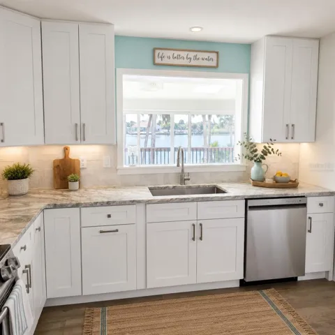 Virtually Staged. Kitchen View from the sink and another way to enjoy the view of the water.